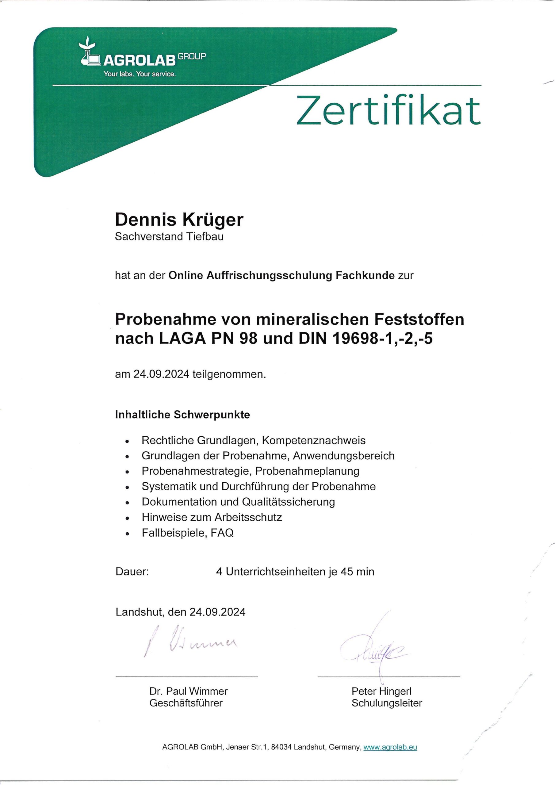 LAGA PN98 Zertifikat